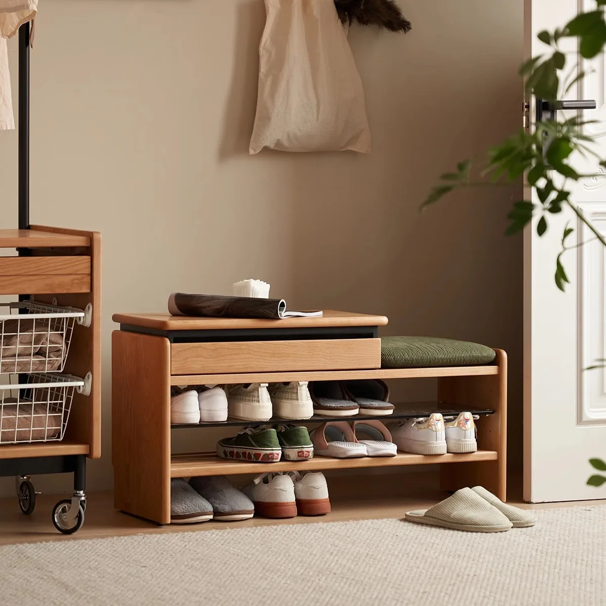 Nordic solid wood shoe changing stool Japanese simple shoe cabinet cherry wood home entrance entrance integrated bench