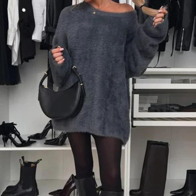 Sexy Off Schouder Lange Mouw Pluche Trui Herfst Winter Elegante Zachte Losse Effen Trui Tops Damesmode Dieptepunt Shirts