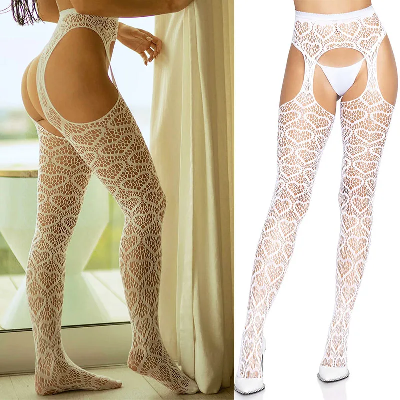 

New Sexy Fishnet Suspenders Stockings Women Sexy Lingerie Mesh Garters Knee Socks Erotic Tights Open Crotch Pantyhose With Belt