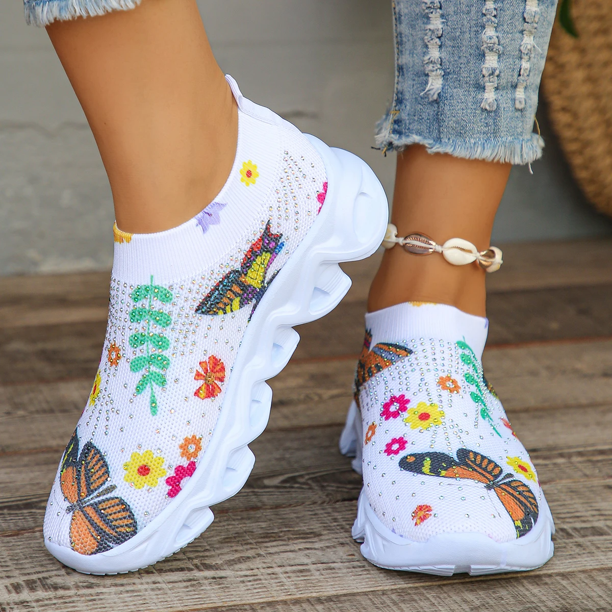 Crystal Floral Women\'s Knitted Sneakers Summer 2024 New Breathable Air Mesh Casual Shoes Woman Light Weight Walking Sports Flats