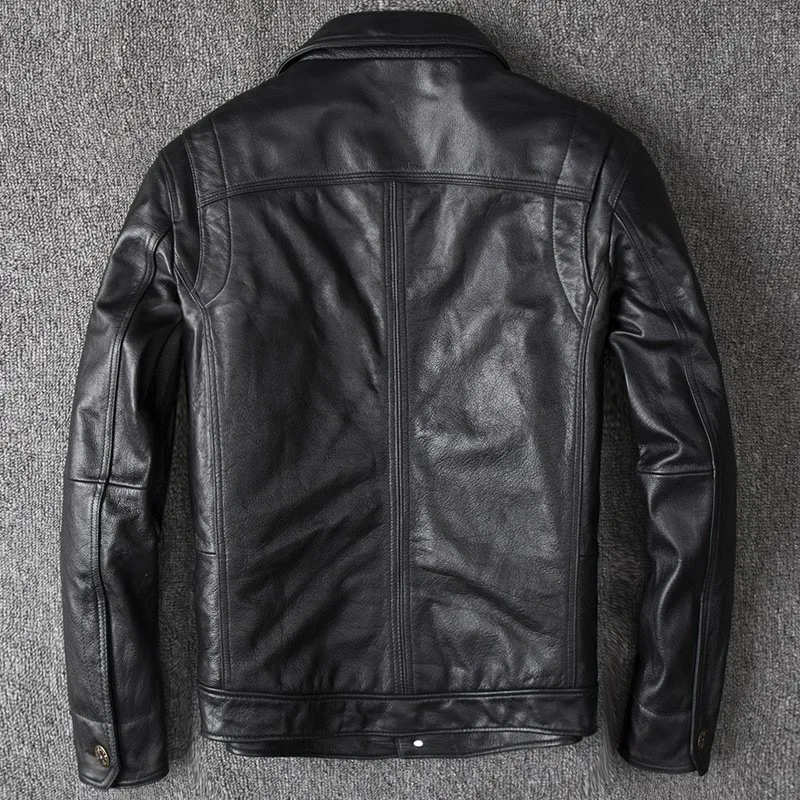 Leather male staff uniform top layer of cowhide motorcycle lapel