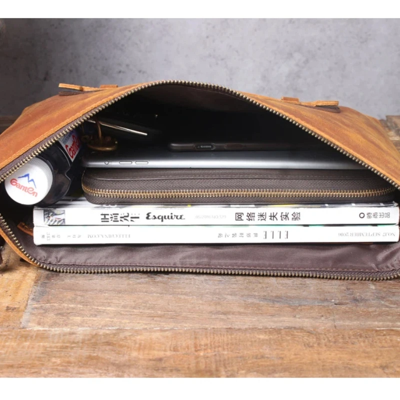 Unisex Minimalist Vintage Top Grain Leather Handheld Clutch | Large Capacity Handmade Laptop Document Organizer for Men & Women