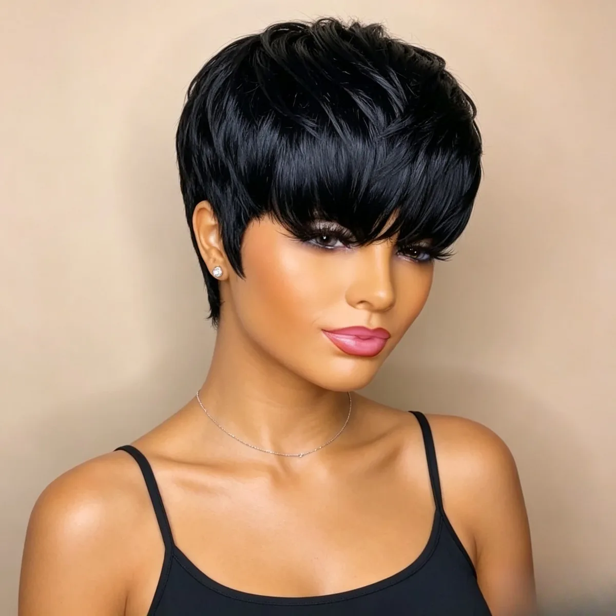 6 Inch Layered Pixie Cut Human Hair Wig for Ladies, Remy Hair Full Machine Made Short Bob Wig, Natural Looking for Daily Styling