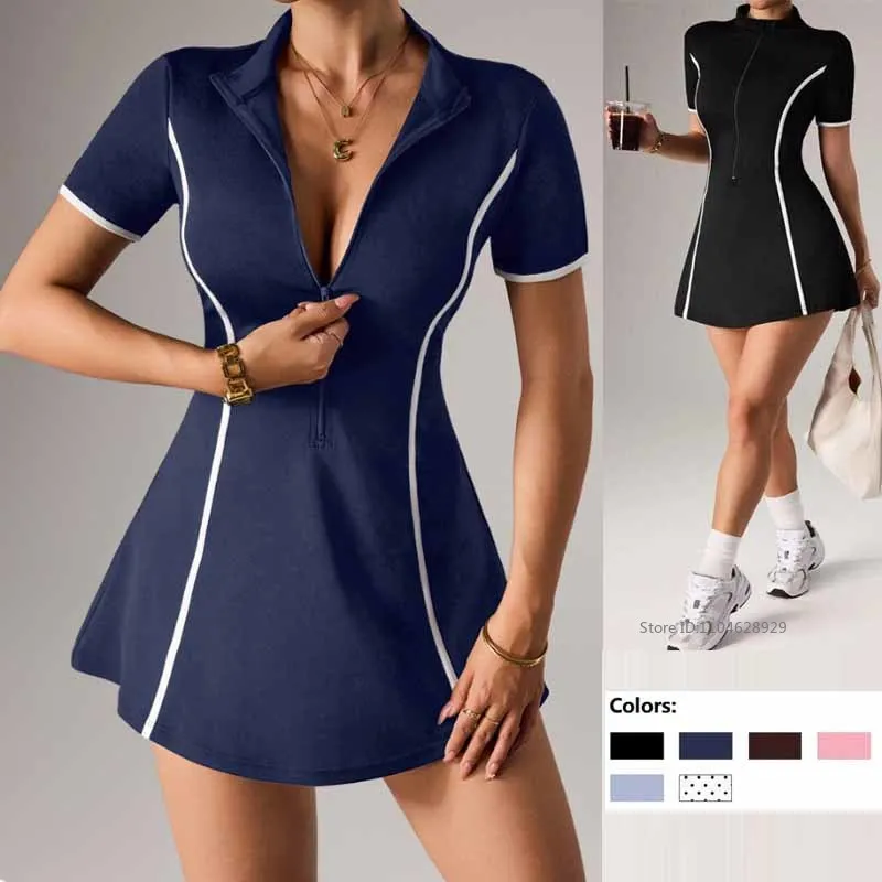 Women Short Sleeve Tennis Dress Polo Collar Zipper Yoga Golf Dress Lady Breathable Badminton Gym Skirt with Short XS-XL