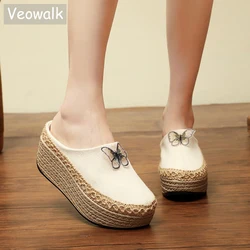 Veowalk Handmade Women Canvas 5cm Platform Mules Slippers Butterfly Black Beige Leopard Comfortable Casual Slip On Shoes