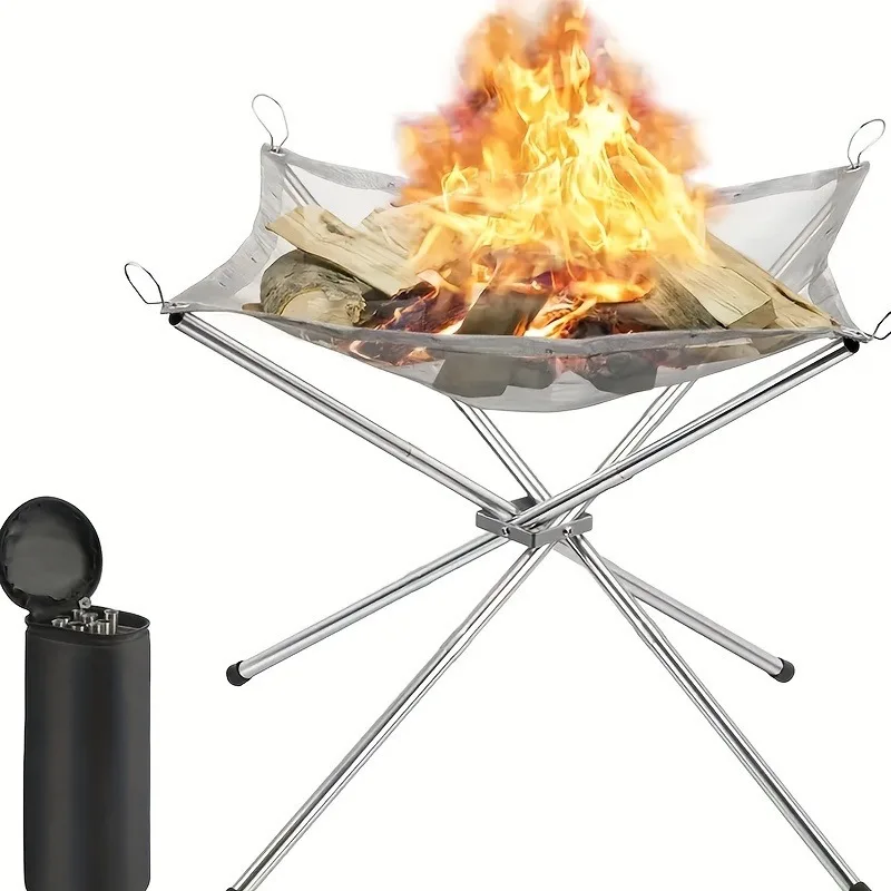 

1pcs Portable Collapsible Campfire Pit Outdoor Burning Fire Pit Grill Net with Stainless Steel Camping Hiking Grill Shelf