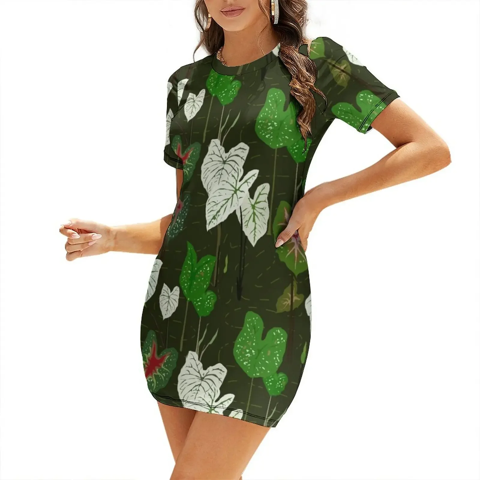 

Caladium Plant Varieties Pattern - Spider Plant Pattern - Caladium Bicolor Plant -White Caladium - Tropic Short-Sleeved Dress