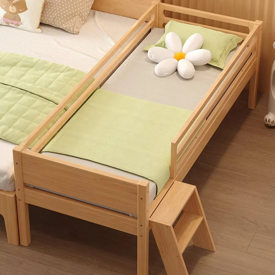 Solid Wood Children's Bed with Guardrails and Widening Small Stitching Cartoon Design Style for Bedroom or School Use