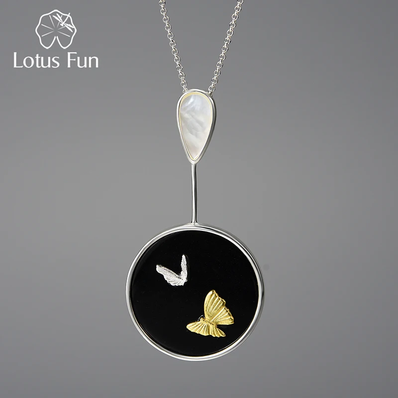 

Lotus Fun Round Natural Agate Stone Flying Cute Butterfly Pendants and Necklaces for Women Real 925 Sterling Silver Jewelry 2022