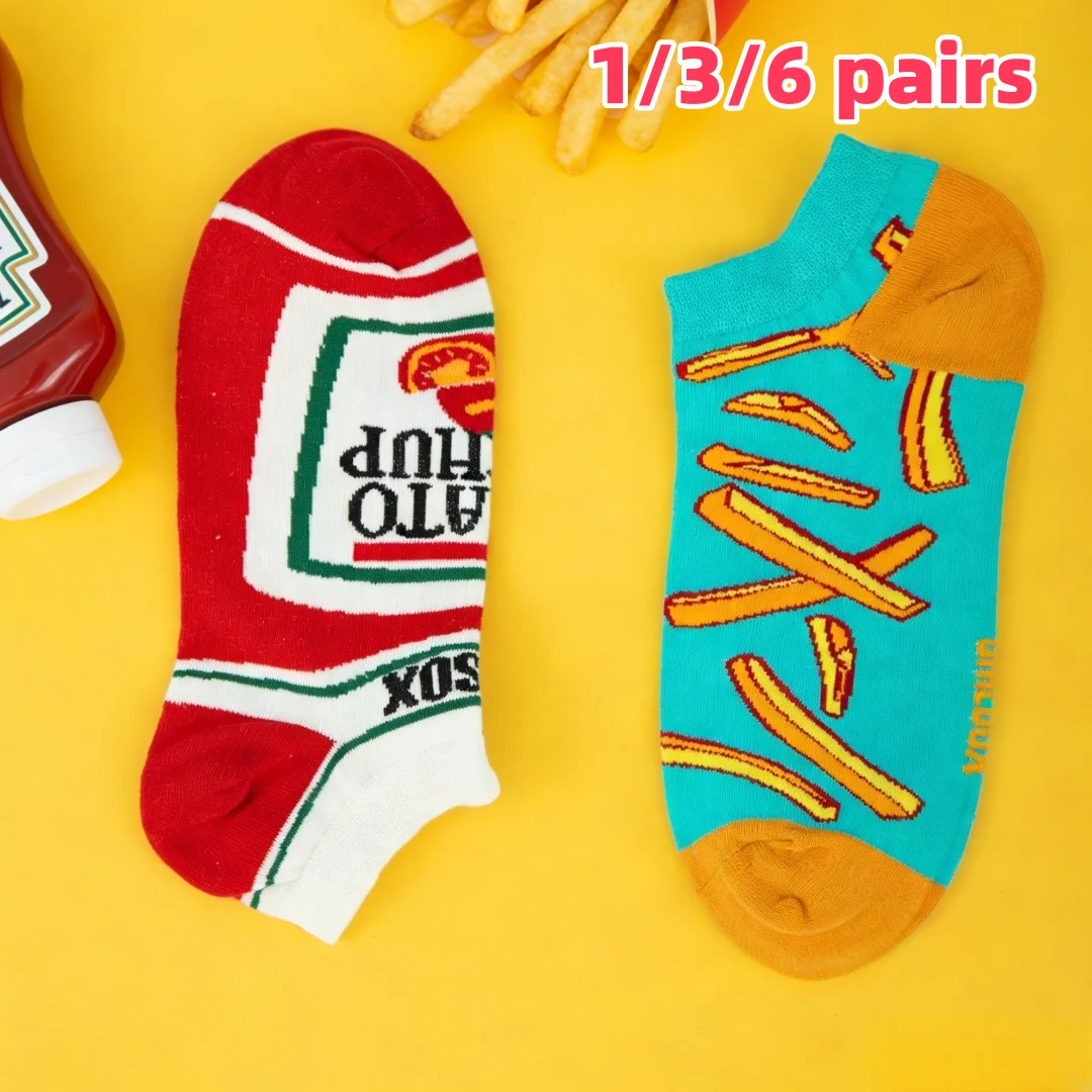 【1/3/6 pares】Calcetines con estampado de tomate y patatas fritas, vibrantes, elegantes, cómodos y únicos – Ideales para todas las estaciones