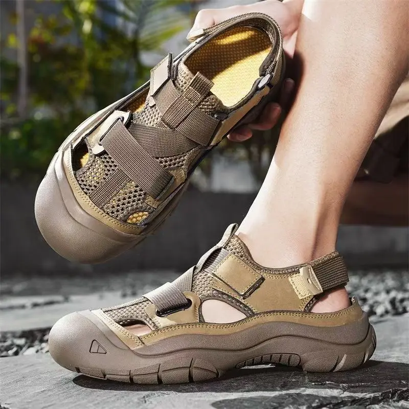 Men Baotou Hollow Out Big Size Outdoor Beach Sandals Summer New Thick sole Non Slip Breathable Velcro Wading Shoes Cave Shoes