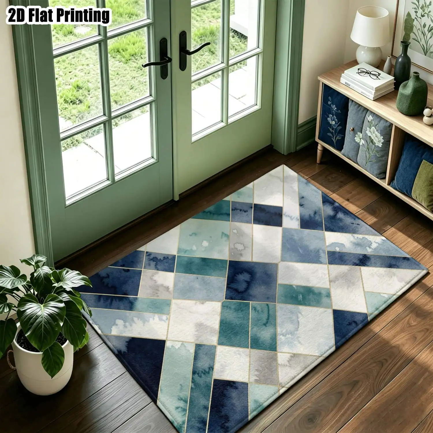 1Pc 2D Printed Carpet: Blue-Green Geometric Abstract Patterns, Nordic/Instagram-Style, Modern Minimalist Vintage European Floor Mat, Home Decor, Multiple Sizes, Machine Washable, for Entrance, Dining, Foyer, Bedroom, Living Room