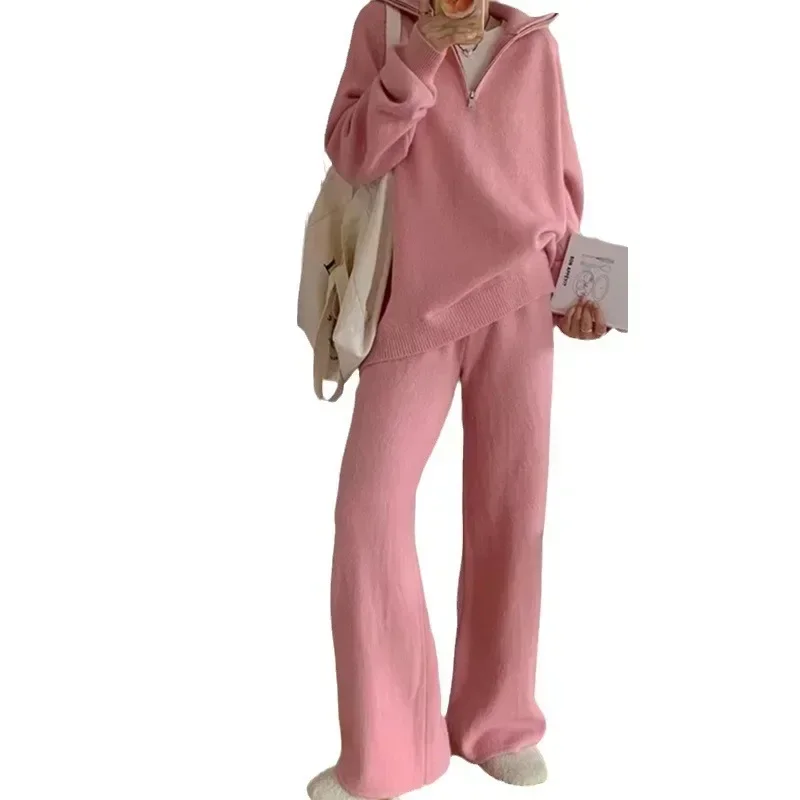 Conjunto informal europeo y americano de dos piezas con media cremallera para mujer, conjunto de suéter de punto con pantalones de pierna ancha de estilo nuevo de otoño e invierno