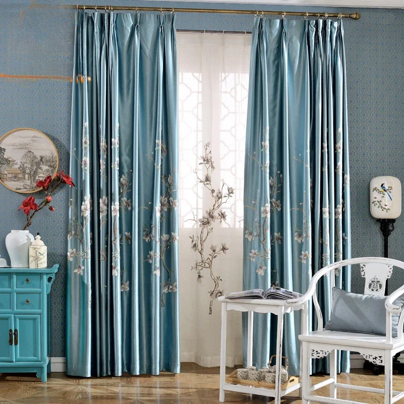 Blue Embroidery Classical Atmosphere Imitation Silk New Chinese Style  Curtains for Living Dining Room Bedroom