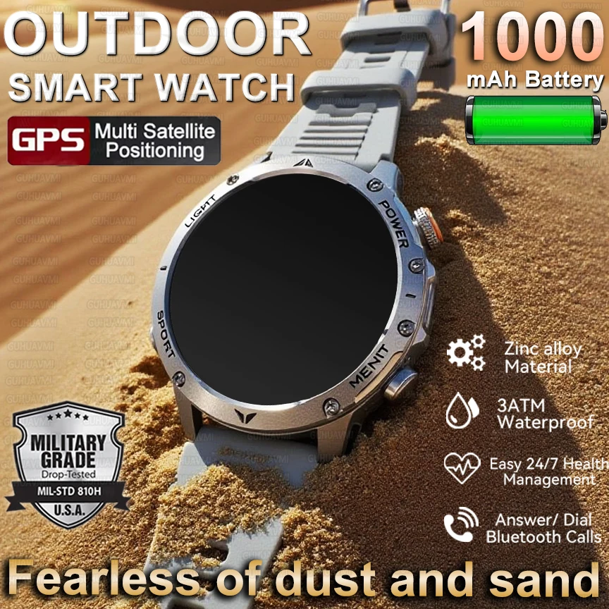 

2025 Новые военные 1000 мАч Смарт-часы для мужчин 100 + спортивный фитнес светодиодный фонарик 3ATM водонепроницаемые BT Call уличные профессиональные часы