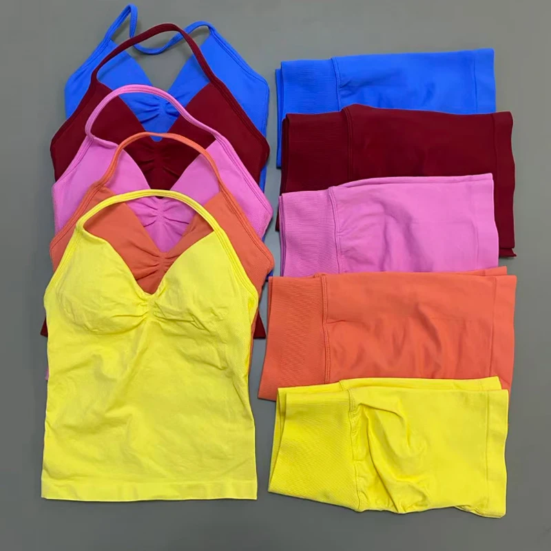 2-Piece Women Workout Yoga Set Spaghetti Strap Cami Top High Waist Shorts Soft Stretchy Gym Fitness Sports Active Outfit
