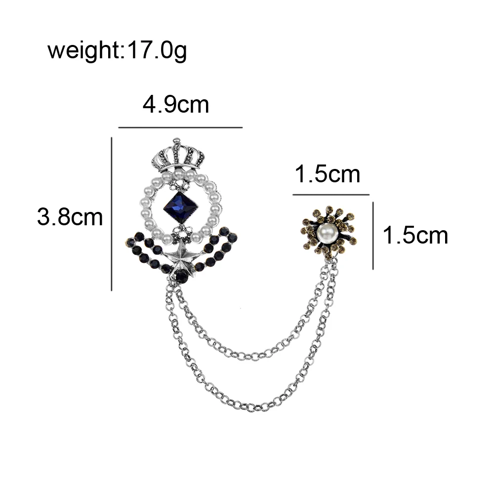 CINDY XIANG Pearl And Rhinestone Crown Link Chain Brooch Vintage Fashion Shirt Pin Silver Color New Design Summer Jewelry