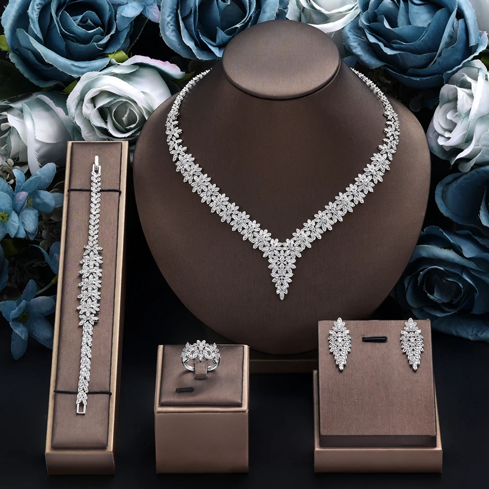 

4pcs Bridal Zirconia Full Jewelry Sets For Women Party, Luxury Dubai Nigeria CZ Crystal Wedding Jewelry Sets