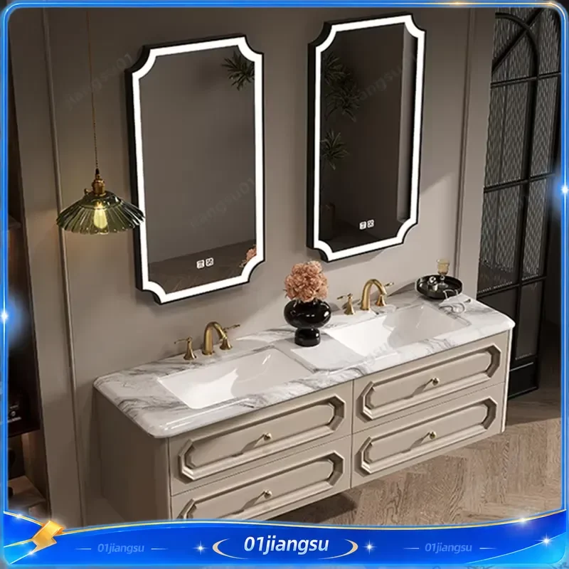 French Retro Bathroom Vanity Cabinet Luxury Stone Integrated Ceramic Basin Solid Wood Washstand Combo Modern Home Decor