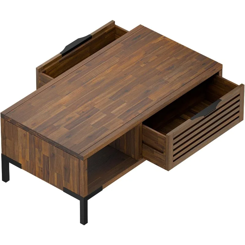 Solid Wood Coffee Tables, Industrial Modern Living Room Center Desk with Storage Drawers & Fully Assembled