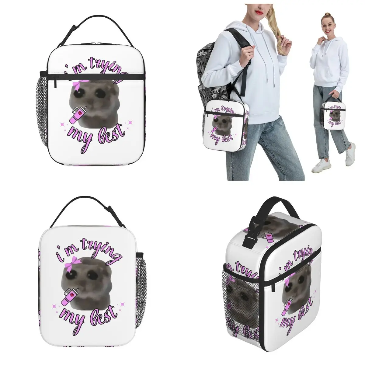 I'm Trying My Best Sad Hamster Cute Meme Merch Insulated Lunch Bag For Work Storage Food Boxes Portable Thermal Cooler Lunch Box