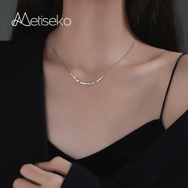 

Metiseko 925 Sterling Silver Slide Blocks Sparkling Choker Necklace Snake Bone Chain Beads Necklace Minimalist Style for Women