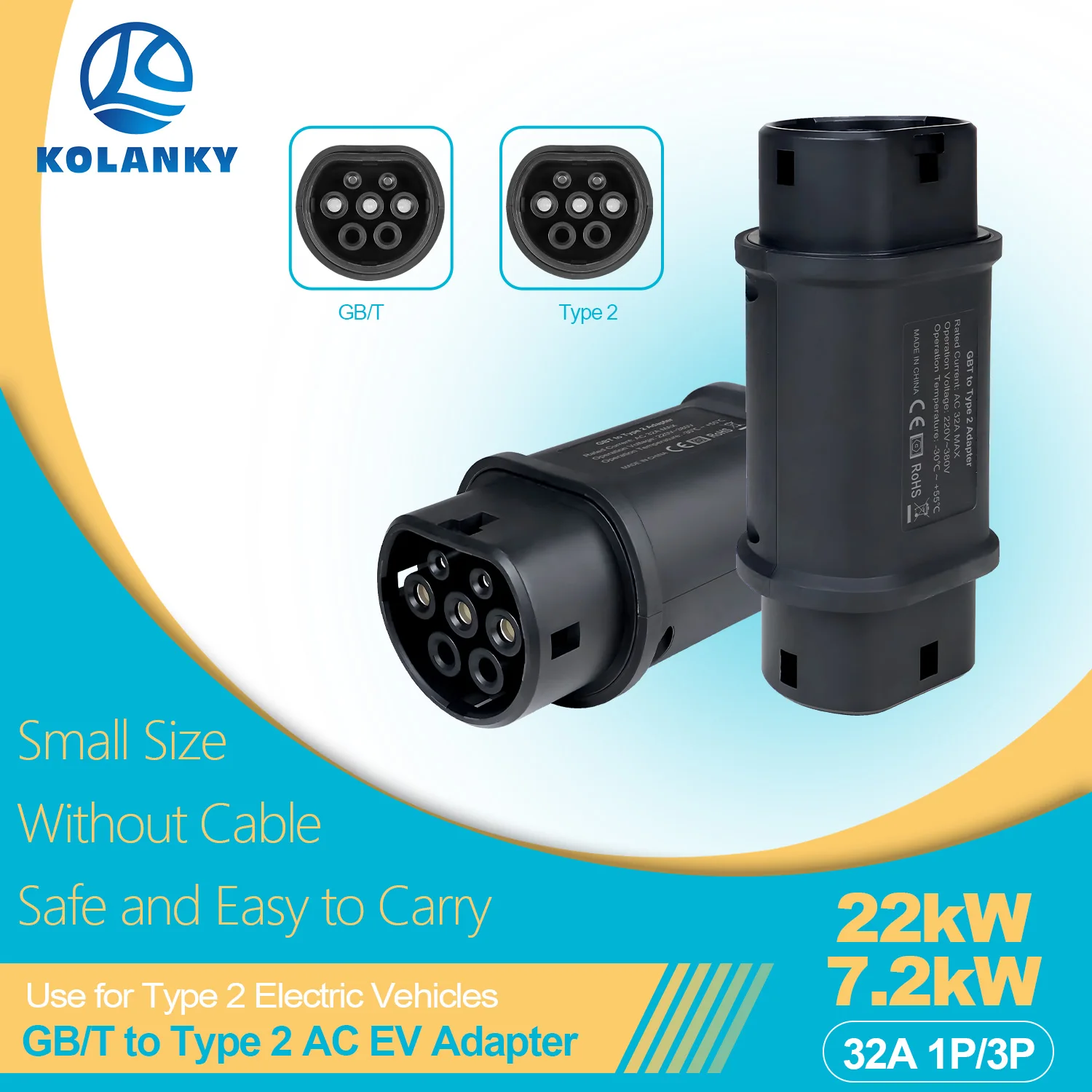 

Адаптер зарядного устройства для электромобилей Kolanky 32A Gbt к разъему для электромобилей переменного тока типа 2, 7,2 кВт/22 кВт, 1 P/3P GB/T к стандартному адаптеру европейского стандарта для электровелосипеда типа 2