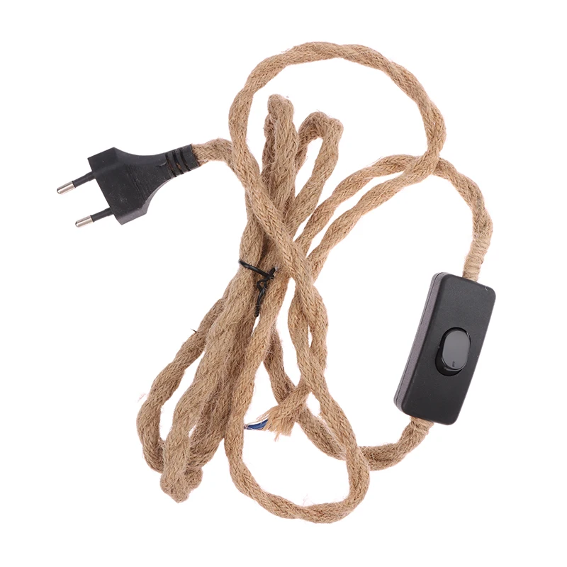 Cable de alimentación de cuerda de cáñamo retorcido con enchufe europeo, Cable de enchufe de Base de lámpara Retro E27, Cable de interruptor de hilo de 1,8 metros para decoración de lámpara de pared