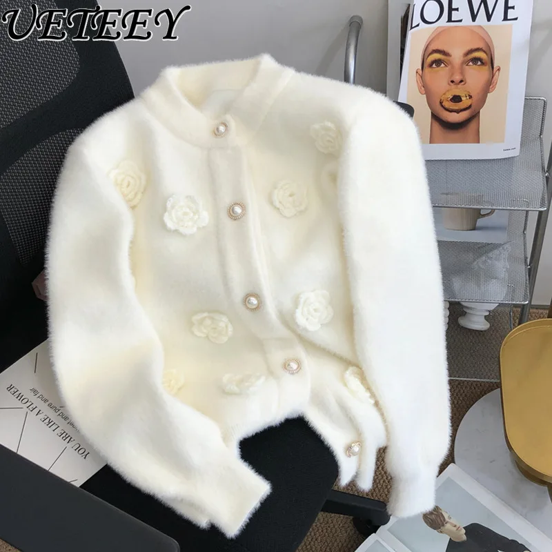 

Осень-зима, новый французский ретро тяжелый свитер из искусственной норки с цветочной вышивкой, кардиган, женское однобортное вязаное пальто