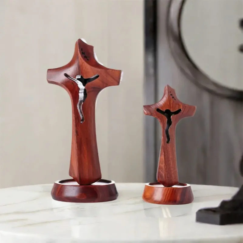 

Новый художественный деревянный полый крест, съемный стоячий религиозный крест, винтажный орнамент с базой, распятие, скульптура, настольный компьютер