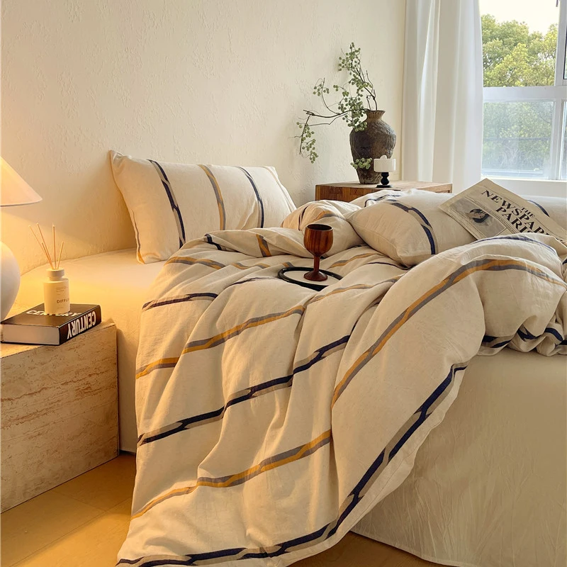 Cotton and linen dyed striped jacquard bed four-piece set simple Nordic style quilt cover bed sheet mattress