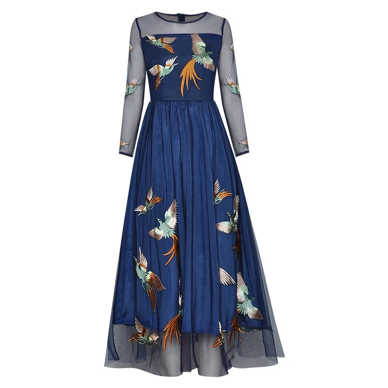 New High Quality Fashion Designer Spring Women's Long Sleeve Mesh Little Bird Embroidery Vintage Dresses