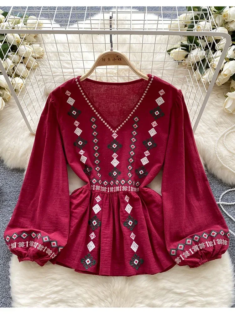 Women Spring Autumn Blouse Vintage Ethnic Style Heavy Industry Embroidery Long Sleeve Top New Waist Ruffled Short Blouse D4924