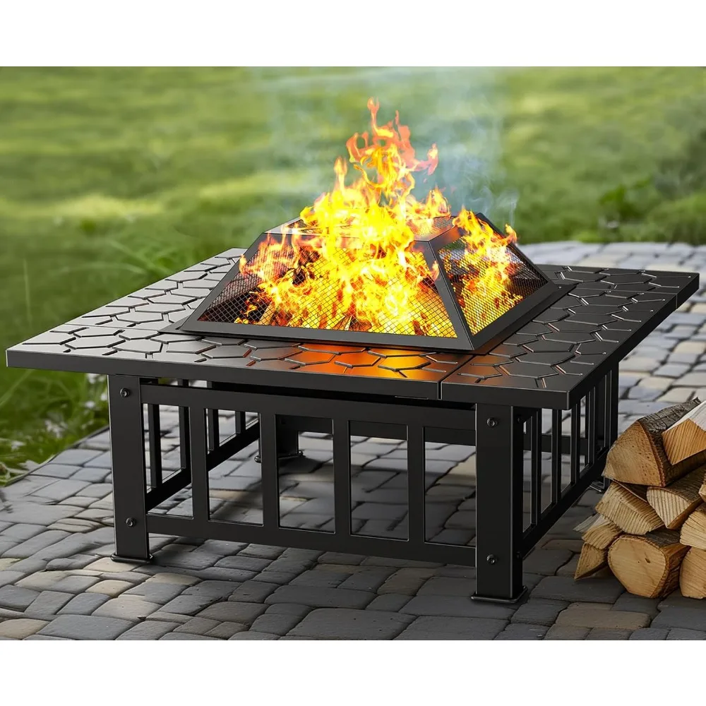 2 Inch Fire Pit 3-in-1 Multifunctional Outdoor Fire Pit Table with Spark Screen, 22 Inch Fire Poker, Rain Cover