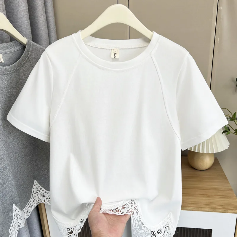 

2025 Summer Plus Size Women's Top New 100kg Temperament With Lace Hem Short Sleeve T-shirt 2506