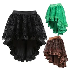 Sexy Steampunk Lace Floral Skirt Women Asymmetrica High Low Ruffles Matching Corsets Skirt Black Brown Green