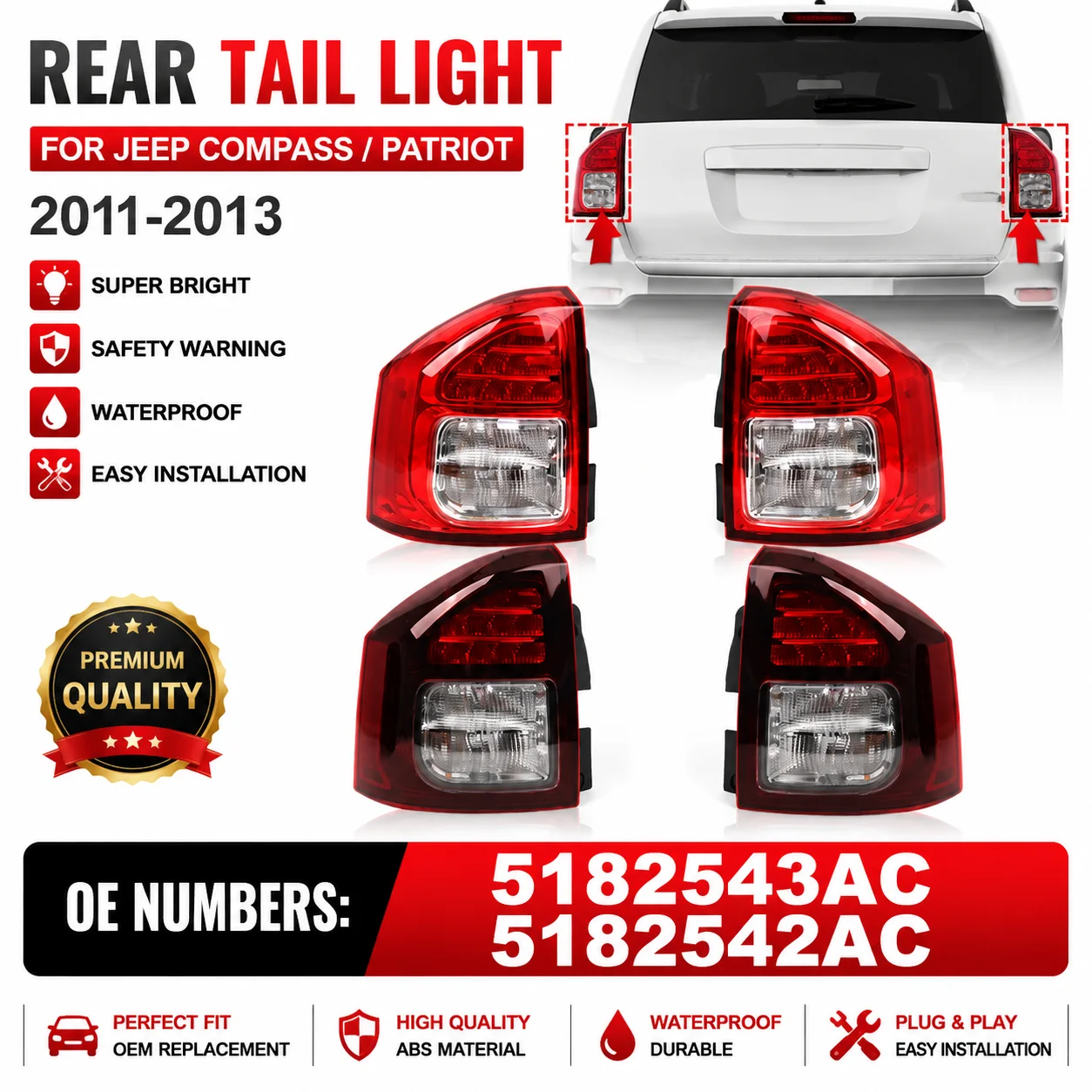 For 2011 2012 2013 Jeep Compass  LED Tail light Rear Bumper Light Tail Stop Brake Lamp Turn Signal Warning 5182543AC 5182542AC