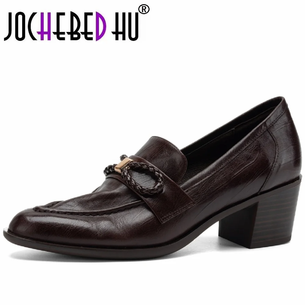 【JOCHEBED HU】Handmade Genuine Leather Metal Buckle Deep Mouth Women Shoes Soft Leather High Heel Comfortable Work Commute 34-40