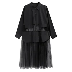 Spring Summer Shirt Dresss Women New Shirt Join Together Gauze Temperament Dress Hollow Out Pure Colour Fashion Female