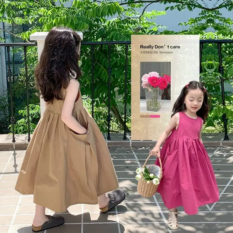 

Girls Sleeveless Princess Dress Summer Solid Color Cotton Large Skirt Vest Dress for Outer Wear Casual Solid Color Simple Style