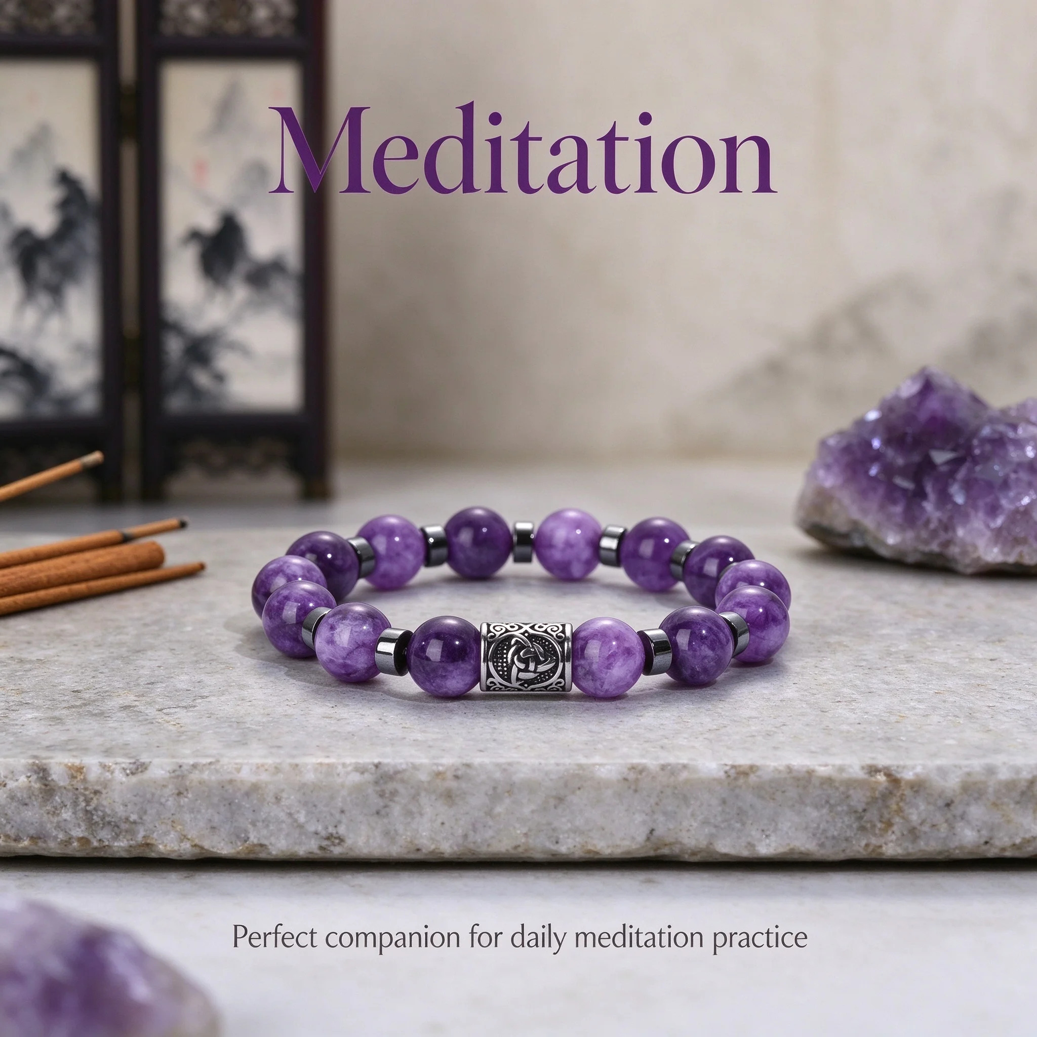 1pc Natural amethyst round beads paired with carved Celtic square beads bracelet, Oriental elegant beaded unisex jewelry gift