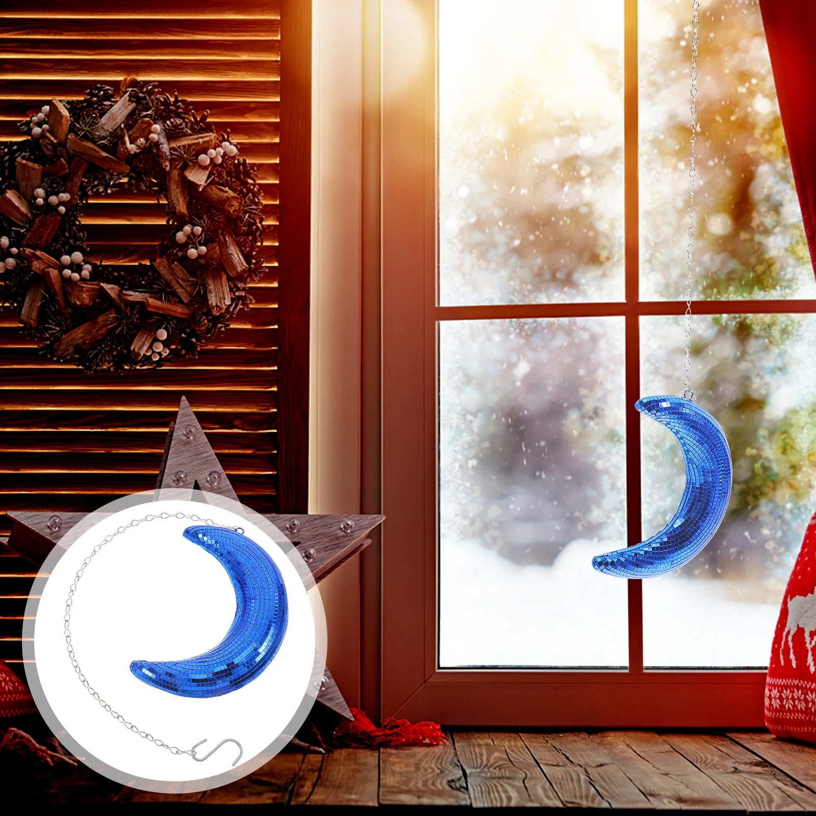 

1pc Unique Hanging Disco Moon Ball Blue Mirror Decor For Stage Bar Party 70S Theme Reflective Ornament With Chain Small