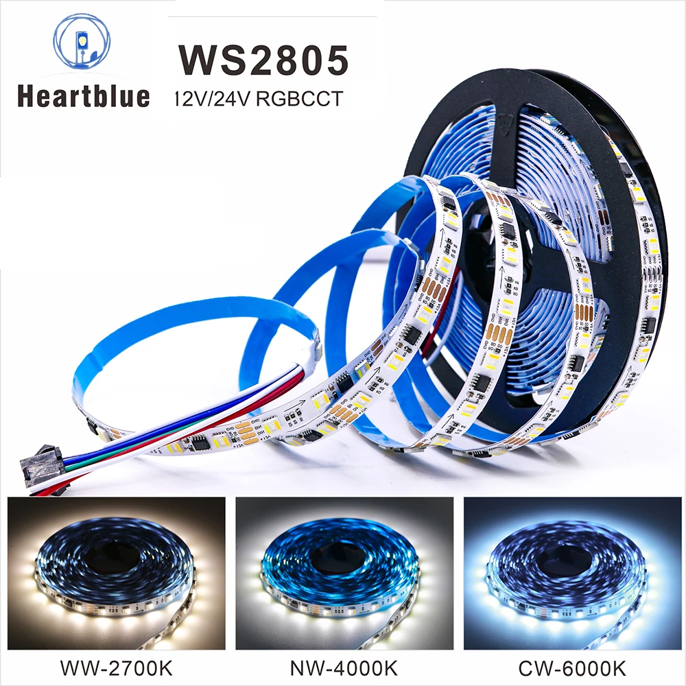 12V/24V RGBCCT WS2805 Pixel LED Strip Light 5in1 Addressable LED Light Dual-Signal RGB WW CW 60LEDs 1IC for 3/6D White Black PCB