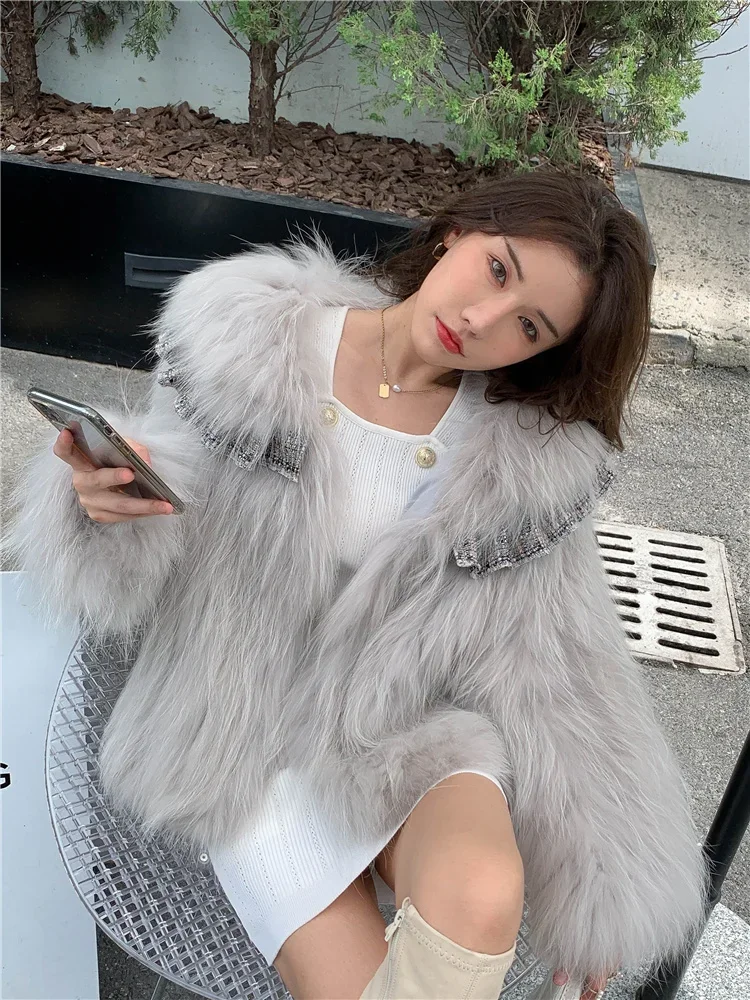 Girly Raccoon Dog Fur Woven Coat Lolita Style Thick Warm Fur Jackets Long Sleeve Lapel Short Outerwear Winter Women\'s Clothing