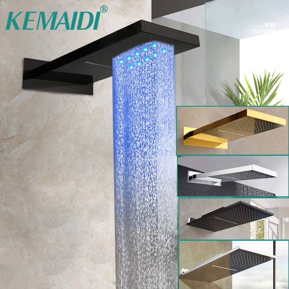 KEMAIDI Black Shower Head Rainfall Waterfall Shower Head LED Bath Shower Spray Bathroom Square Top Over Spray Black/brushd gold