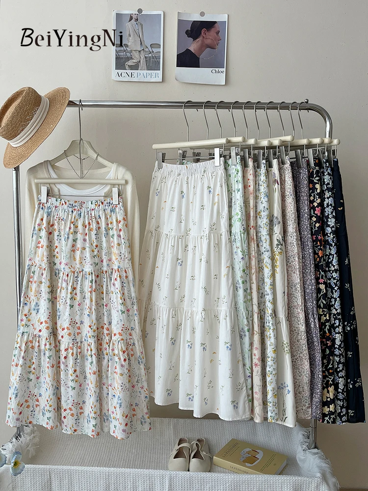 

Beiyingni Summer Beach Boho A-line Skirt Women Floral Printed Casual Korean Chic Cake Skirts Sweet Romance Elastic Waist Skirt