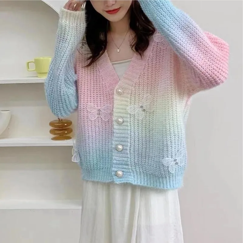 Herbst Winter Pullover Regenbogen Farbverlauf drei dimensionale Schleife Schmetterling Knopf koreanischen Stil süße Krawatte Farbstoff gestrickte Strickjacke Mantel