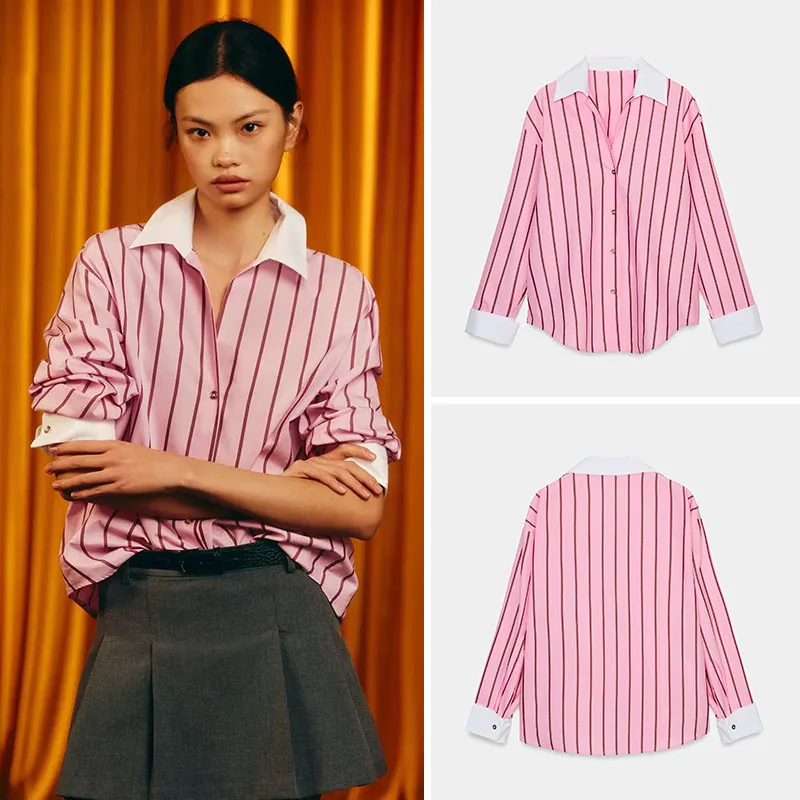 

Spring New Arrival Loose Long Sve Collared Striped irt for Women ZA2026 Faionable Casual Sle 25-35 Years Old