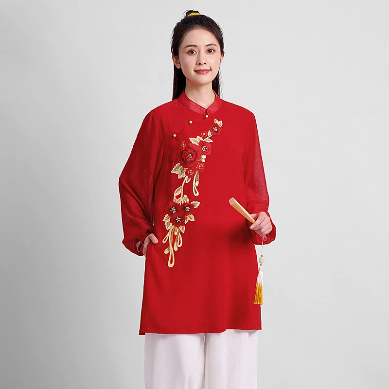 Women's Neo-Chinese Red Tai Chi Uniform Set - Summer Chiffon Linen Blend for Baduanjin, Qigong & Martial Arts, Color Blocking De