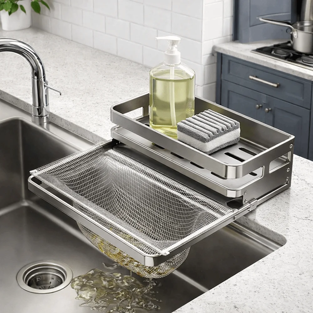 

Large Capacity Kitchen Sink Drain Rack Waterproof Space Saving Self-Draining Sink Shelf Moisture-proof with Water Tray